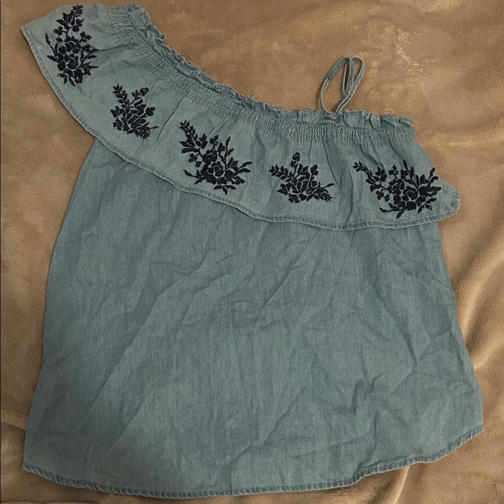 Papaya Denim Blue One-Shoulder Floral Top